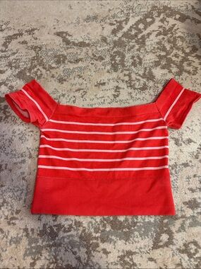 BDG White and Red Striped Off-Shoulder Crop Top